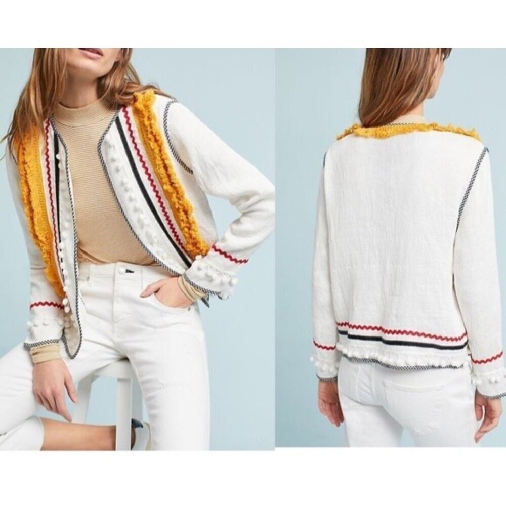 English factory Bohemian festival Tassel Pom Pom Trim Open Front Jacket sz Large